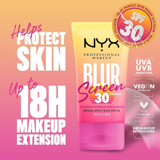 NYX PROFESSIONAL MAKEUP Blurscreen SPF 30 Primer, 3-in-1 Blurring Makeup Primer with Sunscreen, Vegan Formula with No White Cast or Greasy Feeling-BrightBean Baby