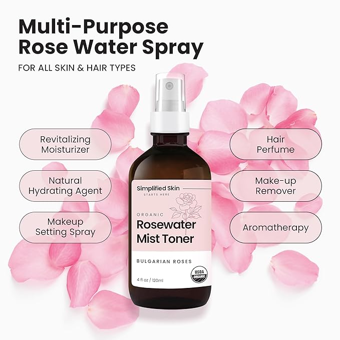 Simplified Skin Rose Water Spray for Face – Natural Organic Facial Toner – Hydrating Face & Hair Mist & Makeup Remover – Alcohol-Free 4 Fl Oz 3-Pack-BrightBean Baby