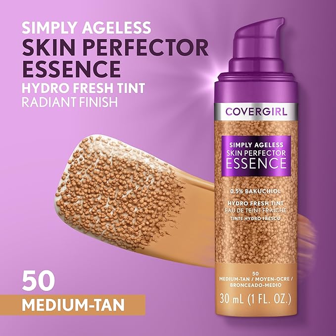 Covergirl Simply Ageless Skin Perfector Essence Foundation, 50 Medium-Tan, Tinted Skin Perfector, Skincare Makeup Hybrid, Sheer Tint, Radiant Finish, Skin-Like Finish, Vegan Formula, 1.0oz-BrightBean Baby