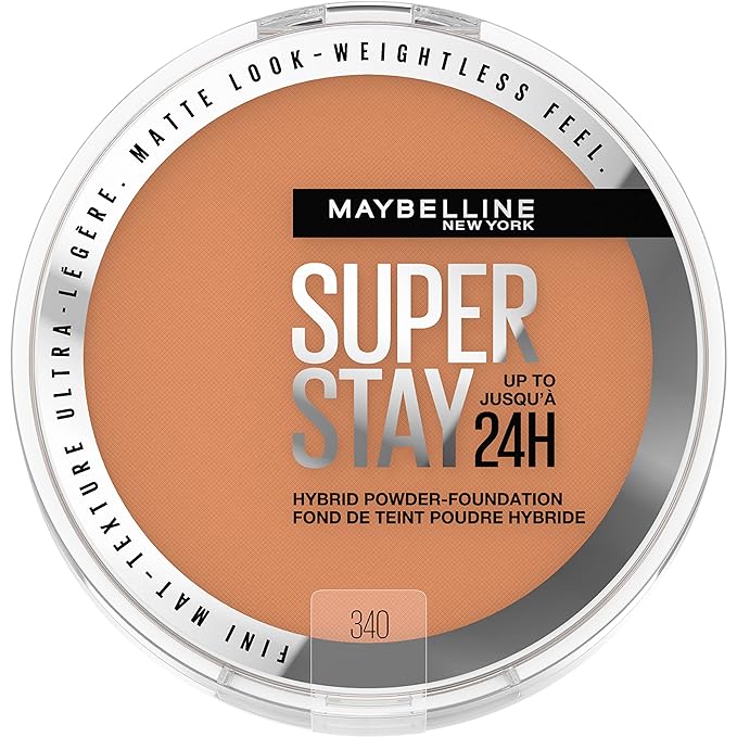 Maybelline Super Stay Up to 24HR Hybrid Powder-Foundation, Medium-to-Full Coverage Makeup, Matte Finish, 340, 1 Count-BrightBean Baby