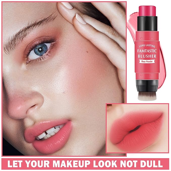 Cream Blush Stick with Brush, Waterproof, Long Lasting, Natural Finish, Rose Red - Compact Stick for All Skin Tones-BrightBean Baby