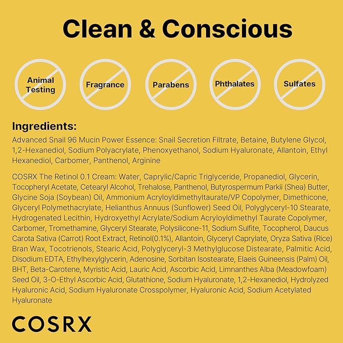 COSRX Glass Skin Korean Skincare Set- Advanced 96% Snail Mucin Serum (3.38fl oz * 2pcs) & Mini Sized 0.1% Retinol Cream for Face (0.1oz)- Korean Skin Care Gift Set, Anti Aging Set-BrightBean Baby