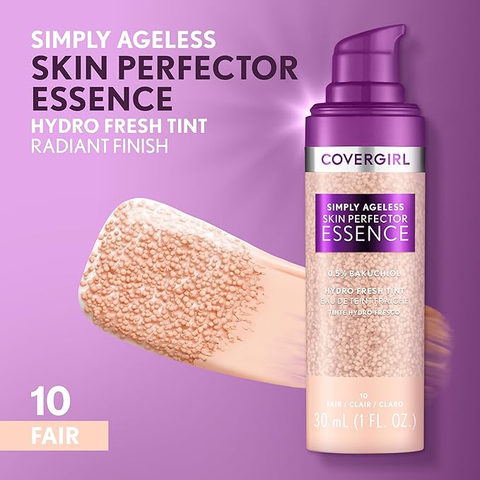 Covergirl Simply Ageless Skin Perfector Essence Foundation, 10 Fair, Tinted Skin Perfector, Skincare Makeup Hybrid, Sheer Tint, Radiant Finish, Skin-Like Finish, Vegan Formula, 1.0oz-BrightBean Baby