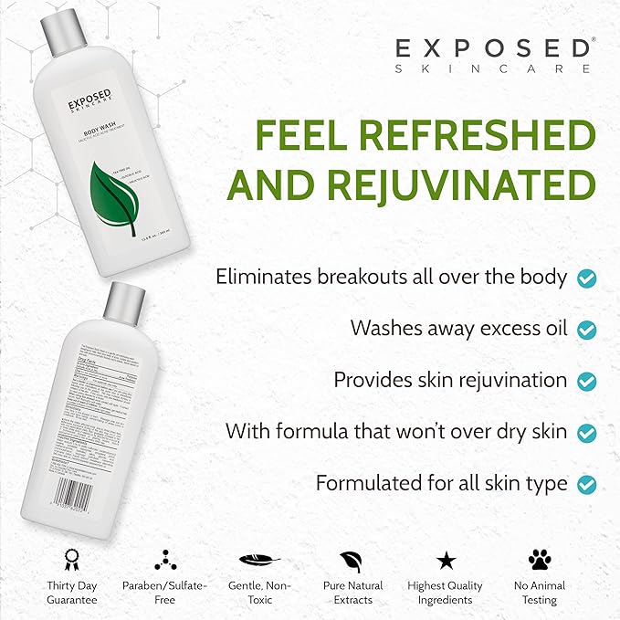 Exposed Skin Care Body Wash - Back and Body Acne Wash with Salicylic Acid and Tea Tree Oil – Exfoliating Bacne Treatment for Clearer, Healthier Skin – Body Cleanser for All Skin Types (12 fl oz)-BrightBean Baby