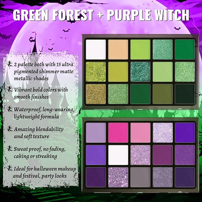 UCANBE 2pcs Eyeshadow Palette Makeup Set, Green Purple Color Shimmer Matte Metallic Eye Shadow Pallet with Soft Brush Eye Make Up Kit for Halloween Cosplay Costume Beetlejuice Medusa Poison Ivy Ursula-BrightBean Baby