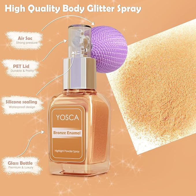 Yosca Highlighter Powder Spray, 20ML Cosmetic Grade Shimmer Powder Glitter Spray Sparkle Highlighter Makeup Festival Concert Accessorise for Rave Clothes Hair Face Nail Art - Bronze Enamel-BrightBean Baby