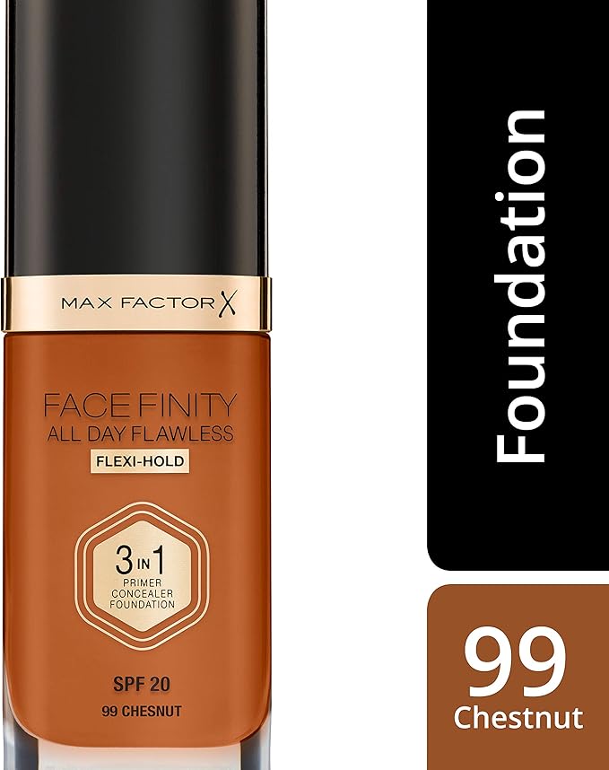 Max Factor Facefinity 3-in-1 All Day Flawless Liquid Foundation, SPF 20-99 Chestnut, 30 ml-BrightBean Baby
