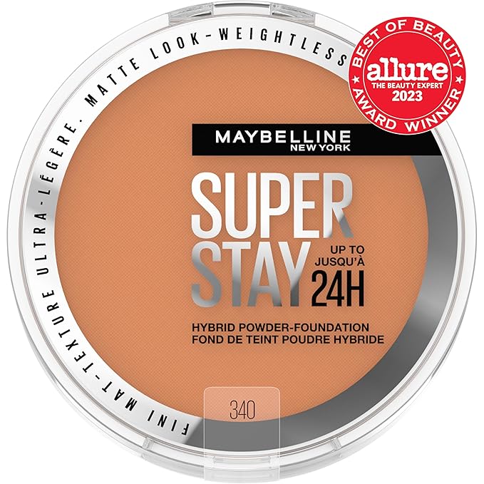 Maybelline Super Stay Up to 24HR Hybrid Powder-Foundation, Medium-to-Full Coverage Makeup, Matte Finish, 340, 1 Count-BrightBean Baby