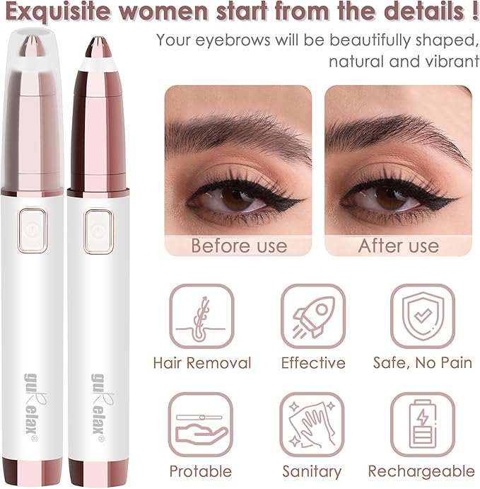 gurelax Eyebrow Trimmer for Women,Electric Eyebrow Hair Remover, Painless Brow Razor Shaper with LED Light, USB Rechargeable, Eye Brow and Face Epilator for Ladies(White)