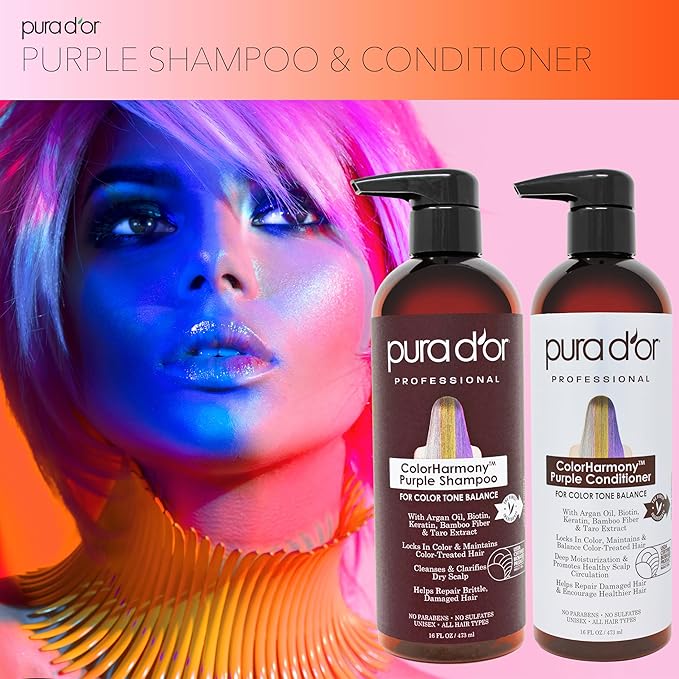 PURA D'OR 16 Oz ColorHarmony Purple Shampoo For Bleached, Blonde, Silver & Color Treated Hair - Keratin, Bamboo Fiber, No Sulfates, Select Natural Ingredients - Men & Women-BrightBean Baby