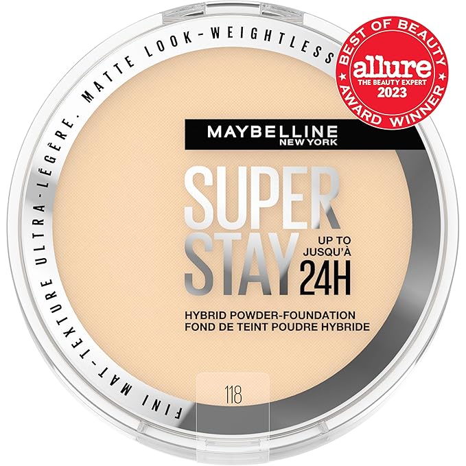 Maybelline Super Stay Up to 24HR Hybrid Powder-Foundation, Medium-to-Full Coverage Makeup, Matte Finish, 118, 1 Count-BrightBean Baby