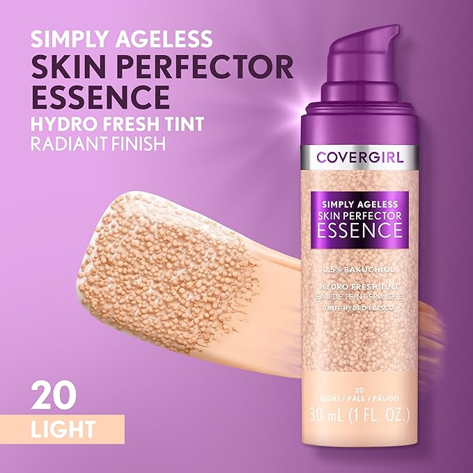Covergirl Simply Ageless Skin Perfector Essence Foundation, 20 Light, Tinted Skin Perfector, Skincare Makeup Hybrid, Sheer Tint, Radiant Finish, Skin-Like Finish, Vegan Formula, 1.0oz-BrightBean Baby