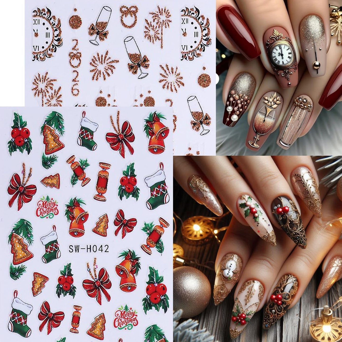 4Sheet Christmas Nail Art Stickers Santa Claus Elk Snowflake Nail Decals 3D Self-Adhesive Fireworks Clock Bow Designs Nail Supplies Winter Xmas Nail Sticker Nail Art for Women DIY New Year Nail Decor-BrightBean Baby