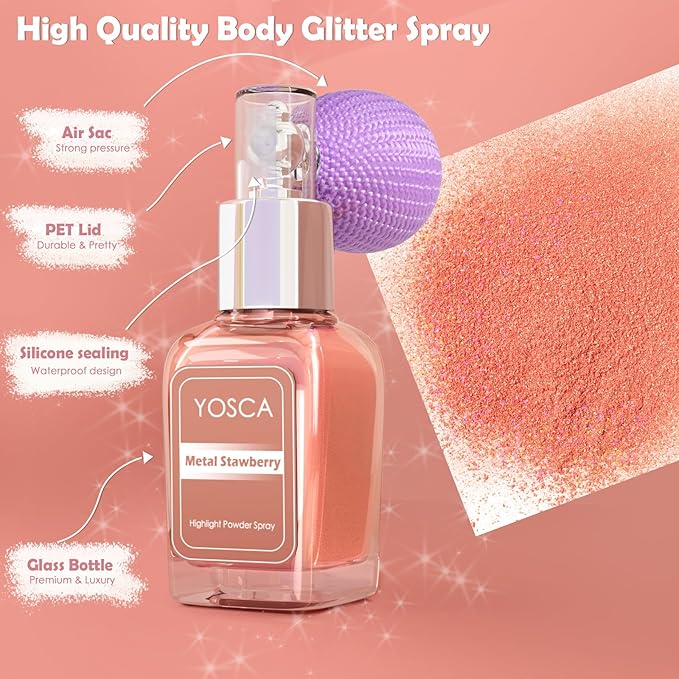 Yosca Highlighter Powder Spray, 20ML Cosmetic Grade Shimmer Powder Glitter Spray Sparkle Highlighter Makeup Festival Concert Accessorise for Rave Clothes Hair Face Nail Art - Metal Stawberry-BrightBean Baby