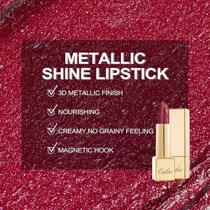 Oulac Wine Red Lipstick for Women with Metallic 3D Shine Lightweight Hydrating Formula, High Impact Lip Color, Vegan Beauty, Full Coverage Lip Makeup, Christmas Gifts for Women, One Last Kiss (14)
