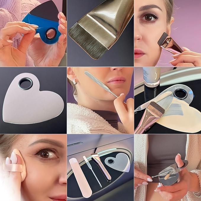 Makeup Brush Set - Flat Foundation Brush, Blender Sponge, Face Spatula, Puff & Heart-Shaped Mixing Palette with Leather Case – Complete Face Makeup Tool Kit for Blending, Foundation & Application-BrightBean Baby