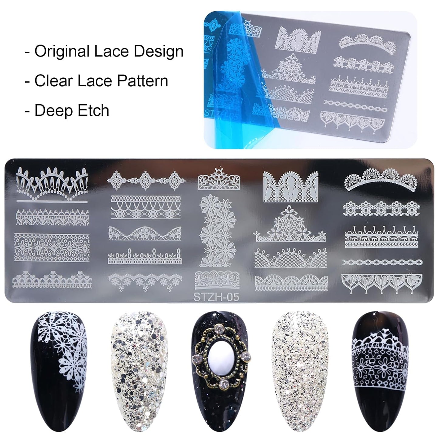 6pcs Lace Flower Design Nail Stamping Plate Kit With French Tip Nail Stamper Kit Ribbon Bow Knot Nail Stencil Reusable Stainless Steel Manicure Tool Nail Supplies for Salon DIY-BrightBean Baby