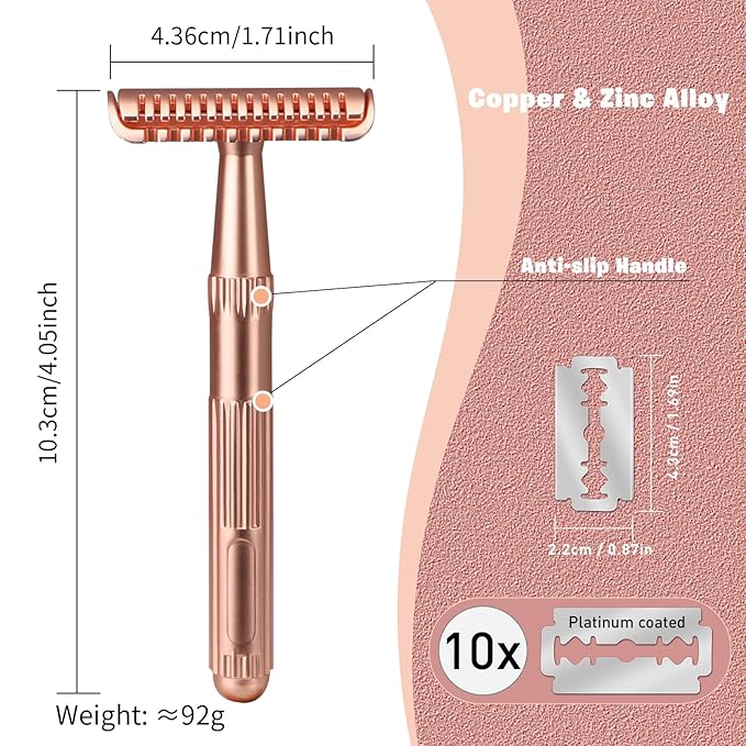 Matte Rose Gold Double Edge Safety Razor, Single Blade Razors for Women and Men, with 10 Stainless Steel Safety Razor Blades, Reusable, Smooth and Close Wet Shaving Kit, Plastic Free-BrightBean Baby