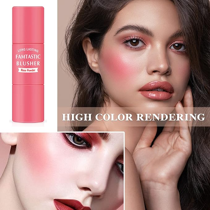 Cream Blush Stick with Brush,Waterproof Multi Cream Makeup Stick,Lightweight,Long-lasting,2 in 1 Multi Blush for Cheeks & Lip Tint & Eyeshadow Makeup(#02 Rose Power)