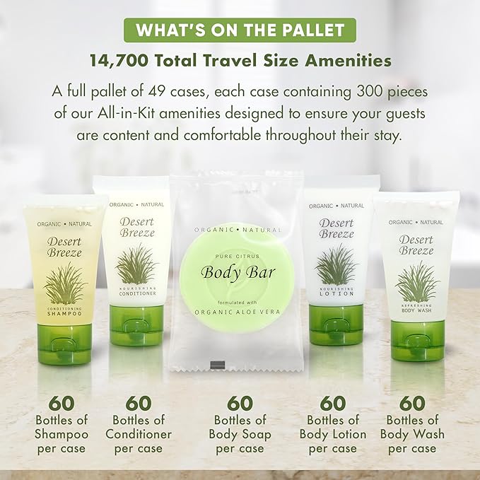 Desert Breeze Hotel Soaps and Toiletries Bulk Set | 1oz Hotel Shampoo & Conditioner, Body Wash, Body Lotion & Bar Soap | Full Pallet 49 cases with 300 units each - 14,700 pieces-BrightBean Baby