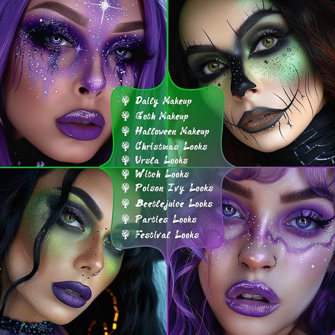 UCANBE 2pcs Eyeshadow Palette Makeup Set, Green Purple Color Shimmer Matte Metallic Eye Shadow Pallet with Soft Brush Eye Make Up Kit for Halloween Cosplay Costume Beetlejuice Medusa Poison Ivy Ursula-BrightBean Baby