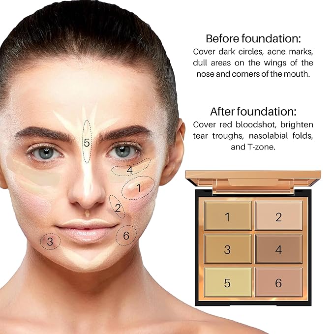 FV 6 Colors Cream Concealer Palette, Full Coverage & Long Lasting Colors Corrector Palette for Dark Circles, Redness, Acne with Natural Finish Cream Foundation Palette, 01 Light Shade-BrightBean Baby