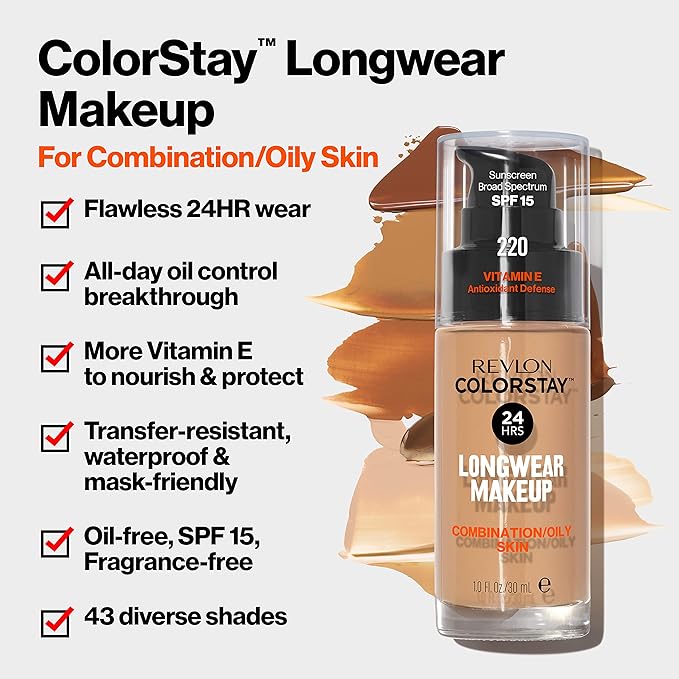 Revlon Liquid Foundation, ColorStay Face Makeup for Combination & Oily Skin, SPF 15, Medium-Full Coverage with Matte Finish, Ivory (110), 1.0 oz-BrightBean Baby