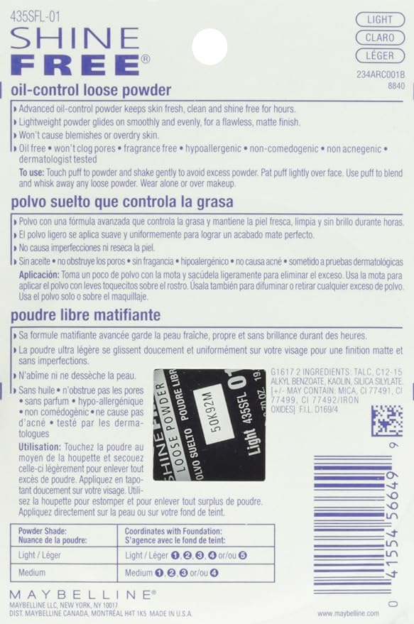 Maybelline New York Shine Free Oil Control Loose Powder, Light-BrightBean Baby