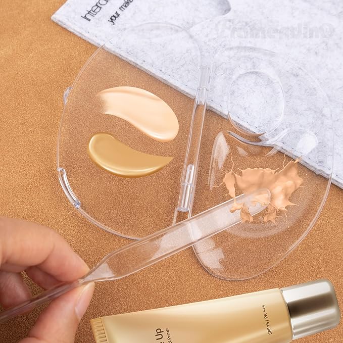 Framendino, 2 Set 3 in 1 Handheld Makeup Mixing Palette, Acrylic Transparent Mixing Foundation Tray with Foundation Spatula for Makeup Artist and Beginner-BrightBean Baby