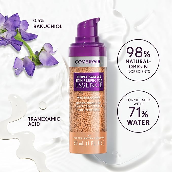 Covergirl Simply Ageless Skin Perfector Essence Foundation, 20 Light, Tinted Skin Perfector, Skincare Makeup Hybrid, Sheer Tint, Radiant Finish, Skin-Like Finish, Vegan Formula, 1.0oz-BrightBean Baby