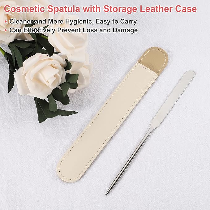 VOCOSTE 1 Set Stainless Steel Makeup Spatula, Liquid Foundation Spatula Tool with Faux Leather Case, Lipstick Nail Polish Mixing Palette Spatula, Beige-BrightBean Baby