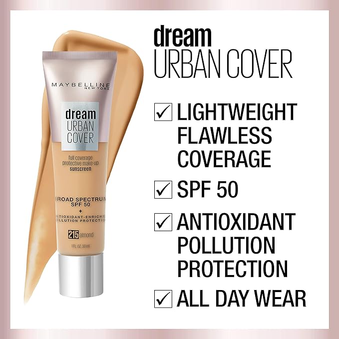 Maybelline Dream Urban Cover Flawless Coverage Foundation Makeup, SPF 50, Ivory-BrightBean Baby