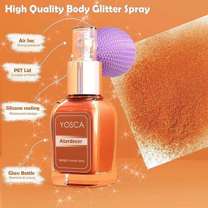 Yosca Highlighter Powder Spray, 20ML Cosmetic Grade Shimmer Powder Red Glitter Spray Sparkle Highlighter Makeup Festival Concert Accessorise for Rave Clothes Hair Face Nail Art - Atardecer-BrightBean Baby