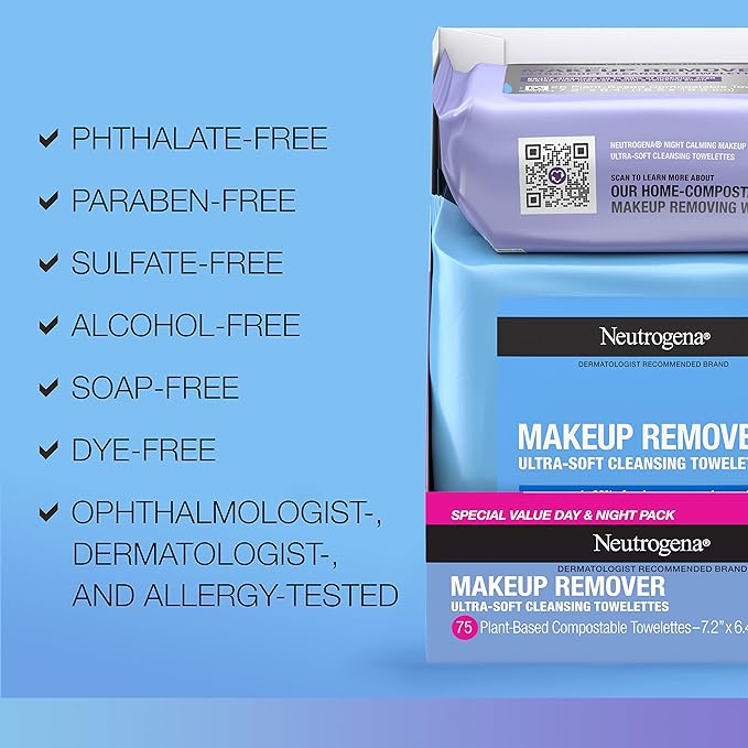 Neutrogena Day & Night Wipes, Makeup Remover Face Cleansing Towelettes & Night Calming Facial Cloths, 100% Plant Based Fibers Wipe Away Dirt, Alcohol-Free, 3 Packs of 25 ct, 75 ct-BrightBean Baby
