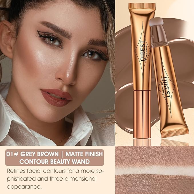 Liquid Contour Beauty Wand, Cream Liquid Contour Stick Matte Bronzer Stick with Cushion Applicator, Lightweight Blendable, Long Lasting Silky Liquid Face Shaping & Contouring Stick | 1# Contour Grey brown-BrightBean Baby