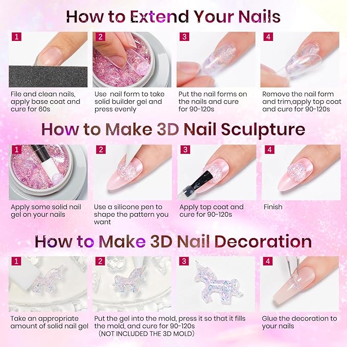 MIZHSE 2PCS Solid Builder Gel for Nails: 30g/1oz Clear & Pink Glitter Hard Gels for Nails 3D Gel with Dual Forms 3D Silicone Mold Soak off U V Builder Gels for Nail Art Manicure Home DIY-BrightBean Baby