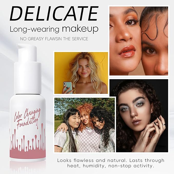 Color Changing Foundation Liquid, Skintone Matching Foundation, Full Coverage, Long Lasting, Lightweight Coverage, Oil Free and Silicon Free, Double Wear, Lightening, Sweat and Water Resistant-BrightBean Baby