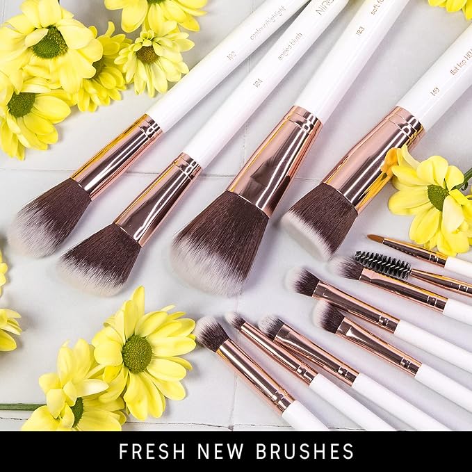 Niré Beauty White 15piece Award Winning Professional Makeup Brush Set: Vegan Makeup Brushes with Case, Makeup Sponge, Cleaner, Guide, Gift Box-BrightBean Baby
