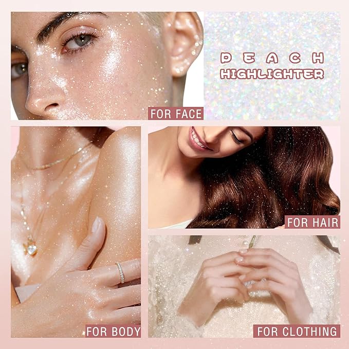 Highlighter Makeup Powder Plush Peach Ball Puff Glitter Shimmer Sparkle Loose Patting Powder for Body Face Hair Multi-Use High Gloss Shine Bright Illuminator Makeup Glossy Diamond Glow-BrightBean Baby