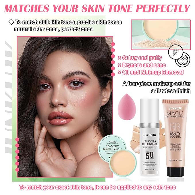 Color Changing Foundation Set,Full Coverage Foundation Liquid Foundation Makeup Gift Set,Moisturizing BB Cream for Women,Flawless Loose Setting Powder Face Primer Base Makeup Kit With Makeup Sponge-BrightBean Baby