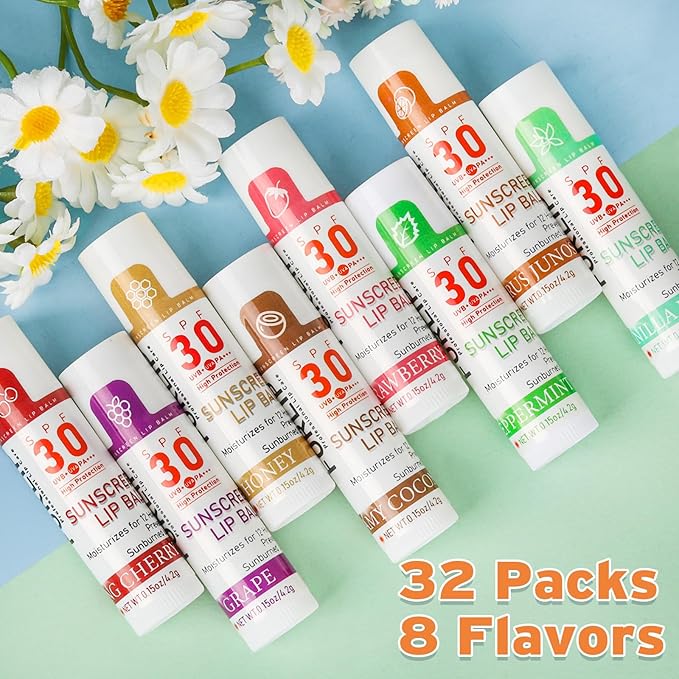 SPF 30 Lip Balm with Sunscreen, SPF Lip Balm Bulk Travel Size-32 Pack, Hydrating Lip Balm Pack with Vitamin E and Coconut Oil- 8 Flavors-BrightBean Baby