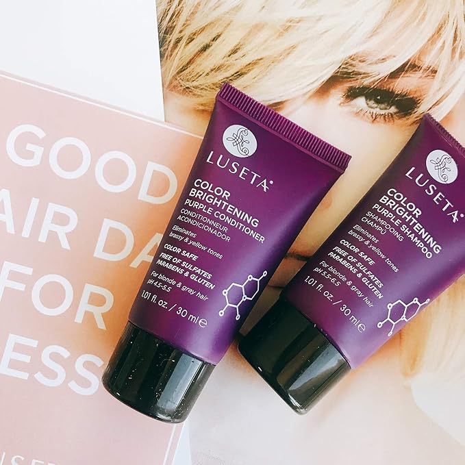 Luseta Color Brightening Purple Shampoo and Conditioner Travel Kit for Blonde and Gray Hair -Infused with Cocos Nucifera Oil to Help Nourish, Moisturize and Condition Hair, 2x1.01oz-BrightBean Baby