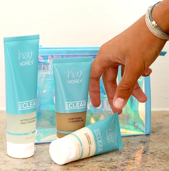 Hey Honey Skincare Be Clear 3-Step Acne Clearing Kit |Clear Face Wash, Deep Pores Cleansing, Overnight Treatment | with Propolis & Honey | Clear Blemish Skin Purifying Formulas | 3-Piece Kit-BrightBean Baby