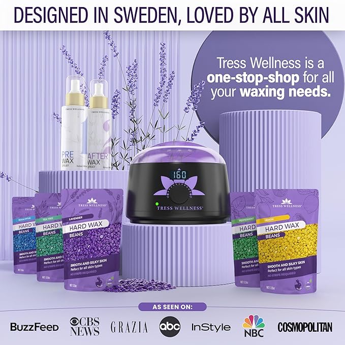 Tress Wellness Waxing Kit for Sensitive Skin – Safe for Face & Skin, Prep & Aftercare Spray, Easy to Use – At-Home Kit for Face, Bikini, Brazilian & Full Body - Digital Display, Black Purple Flower-BrightBean Baby