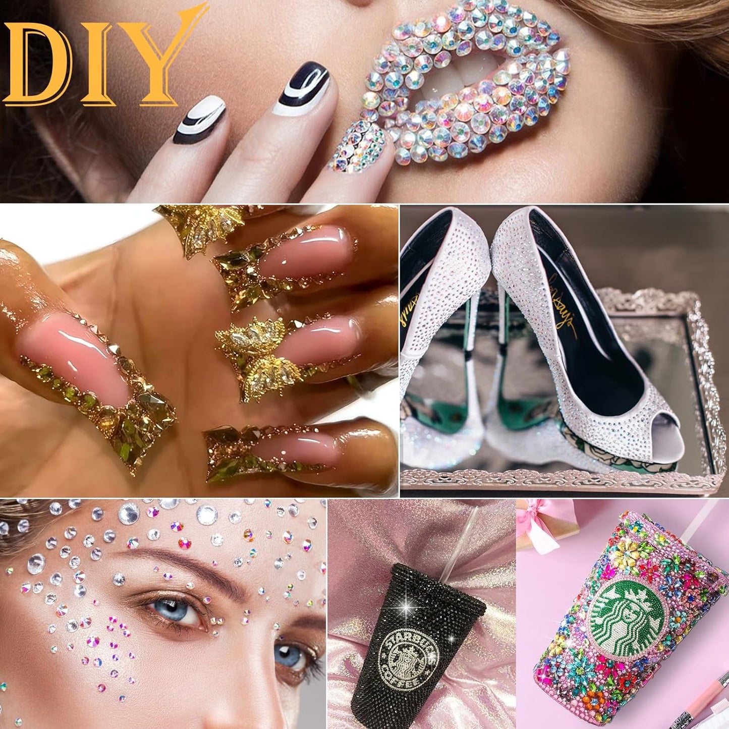 Canvalite 2784Pcs Gold Rhinestones Flatback Gems, Nail Rhinestones Nail Art Gems with Jewelry Glues, Pick Up Tweezers and Rhinestone Picker Dotting Pen, Nail Art Tools for Nails, Clothes, Face, Craft-BrightBean Baby