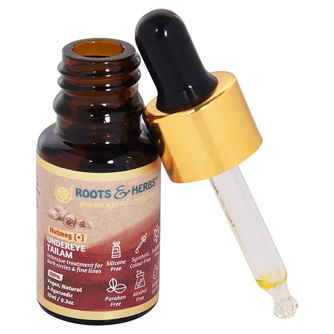 ROOTS AND HERBS Ayurvedic Natural Treatment 100% Vegan No Paraben Nutmeg Undereye Nourishment Oil for Men and Women -10 ml-BrightBean Baby