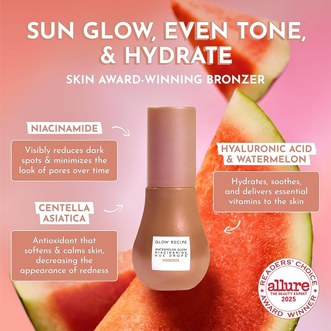 Glow Recipe Hue Drops - Mini Tinted Face Serum - Bronzing Drops to Brighten & Hydrate - Skincare Makeup Primer & Liquid Highlighter to Blur Pores for a Radiant, Even Skin Tone - Sun Glow (15ml)-BrightBean Baby