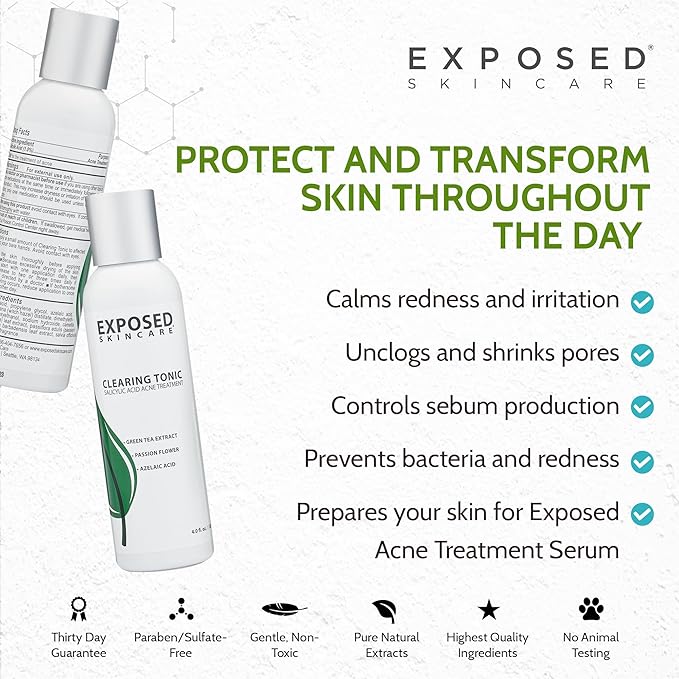 Exposed Skin Care Clearing Tonic Facial Toner with 1% Salicylic Acid and Witch Hazel for Acne Treatment – Pore Minimizing Toner to Prevent Breakouts, Reduce Redness and Balance Skin – Step 2 (4 fl oz)-BrightBean Baby