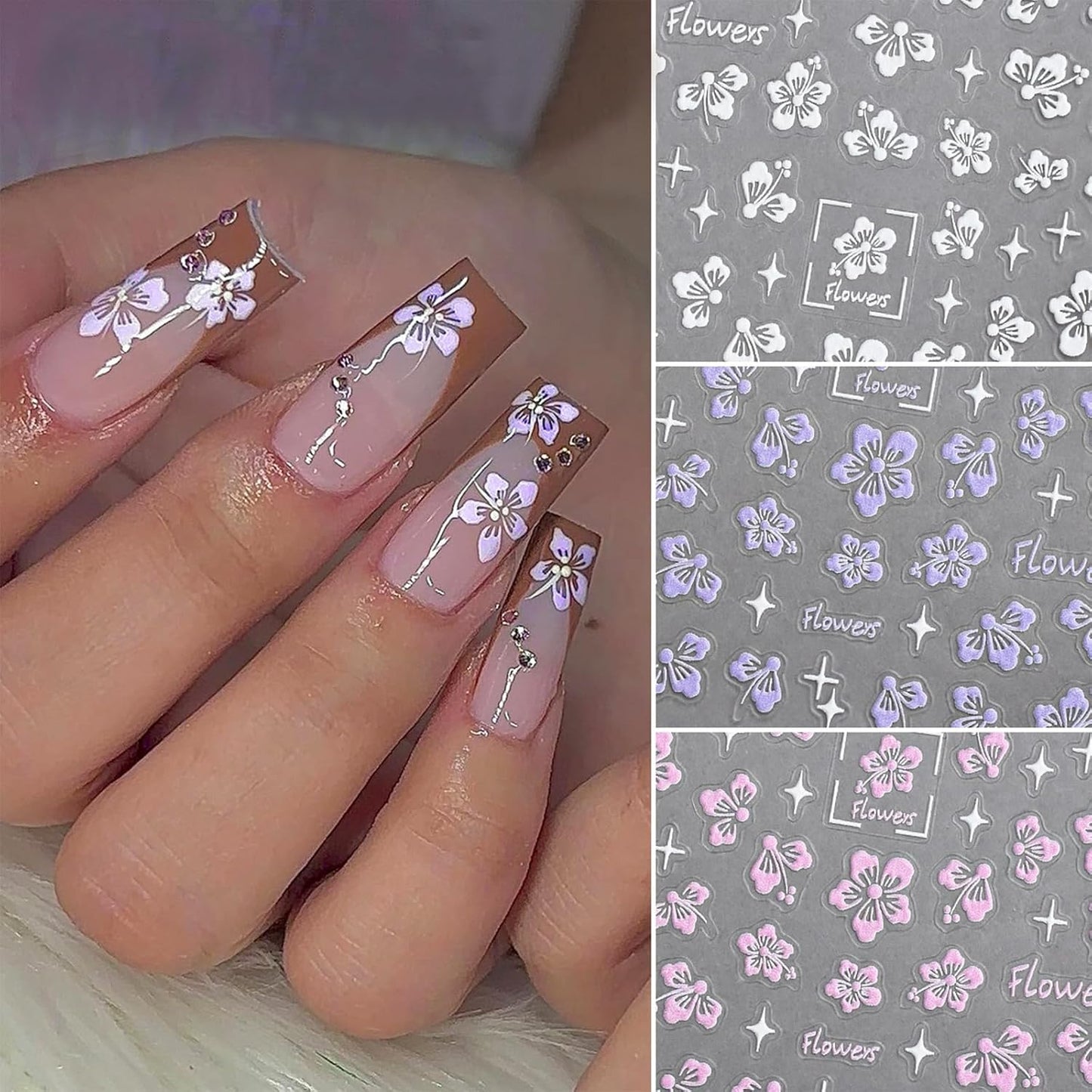 Flower Nail Stickers 5D Embossed Hollow Out Flower Nail Decals Pink Purple White Floral Designs Summer Cute Flowers Decals Pegatinas Uñas for Women DIY Manicure Decoration Accessories 3Sheets-BrightBean Baby