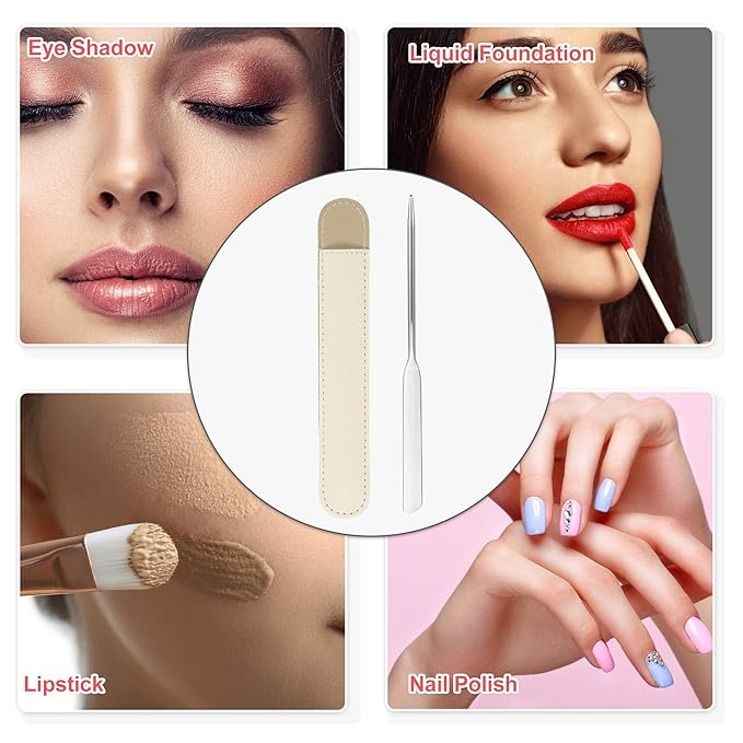 VOCOSTE 1 Set Stainless Steel Makeup Spatula, Liquid Foundation Spatula Tool with Faux Leather Case, Lipstick Nail Polish Mixing Palette Spatula, Beige-BrightBean Baby